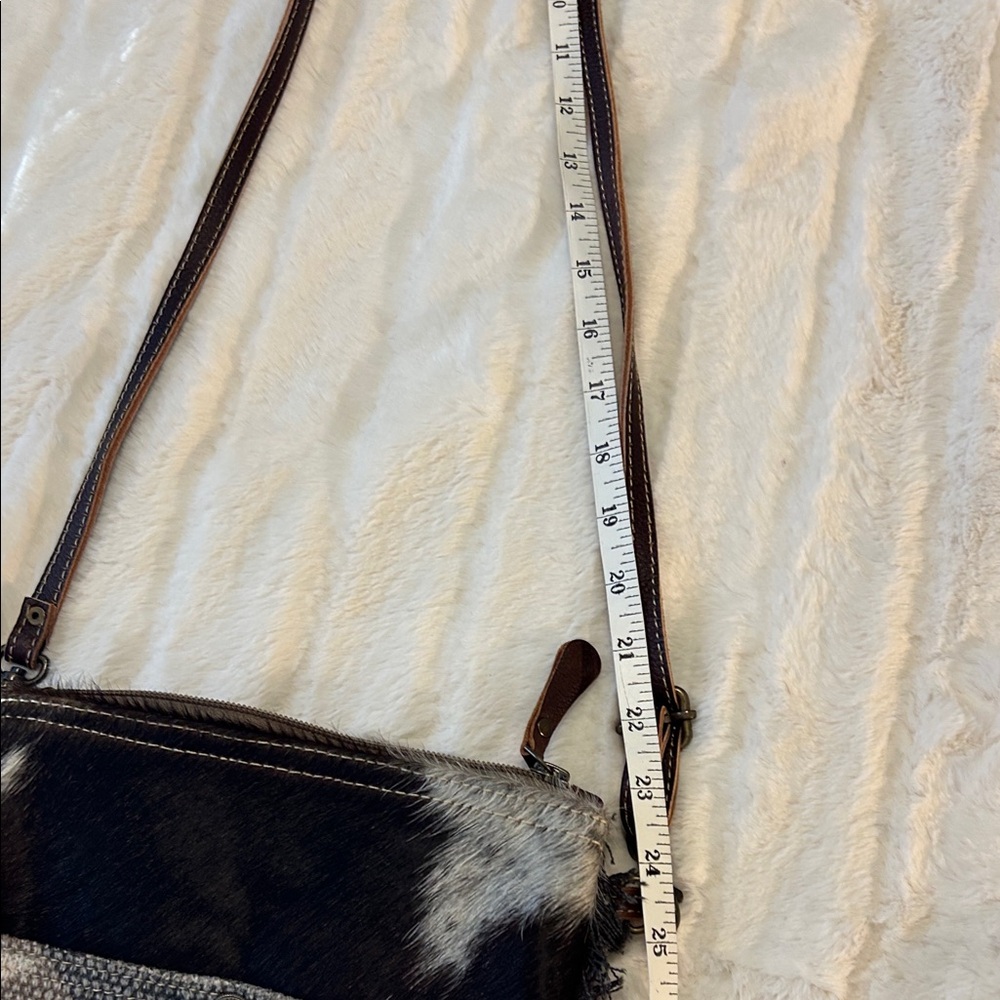 Stylish Myra Cowhide & Canvas Crossbody Bag Geometric Pattern With Fringe - Picture 9 of 11